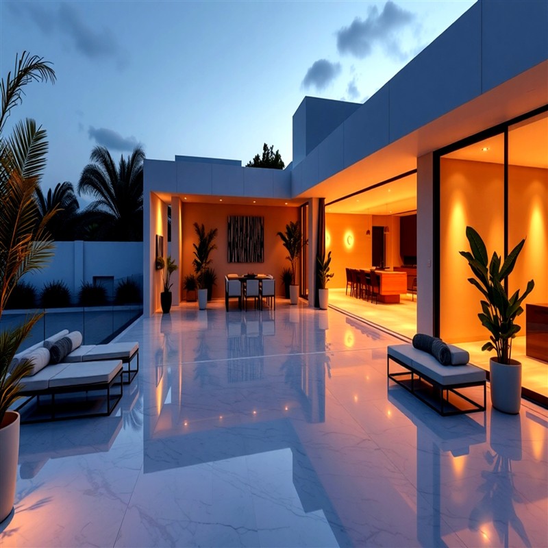 Illuminated terrace and pool