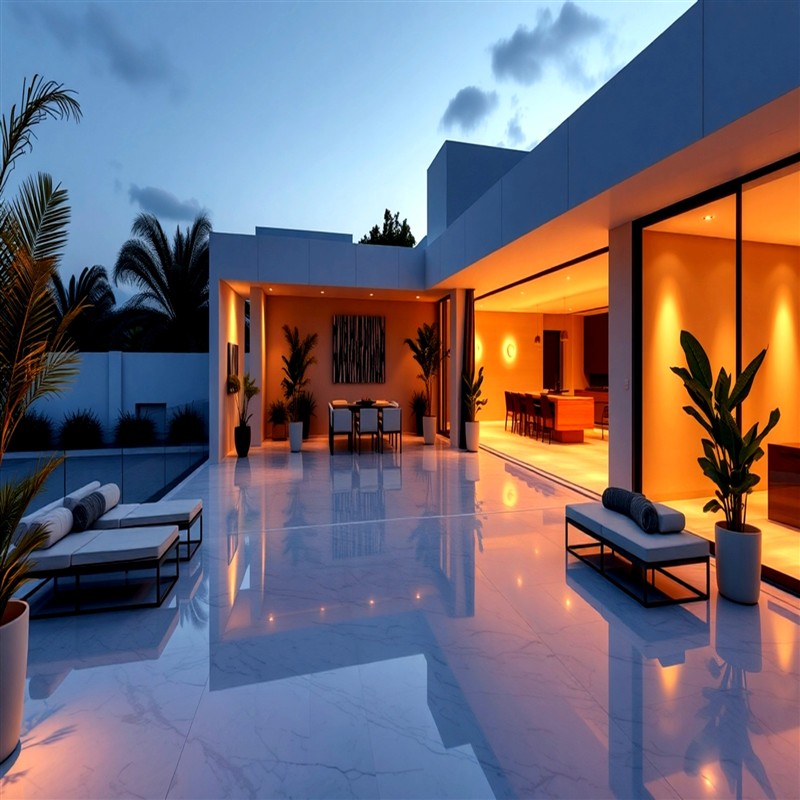 Outdoor terrace illuminated at dusk